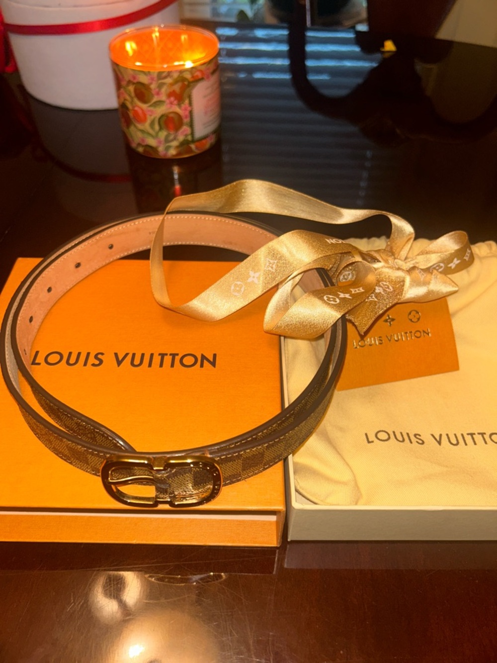 Louis Vuitton Brown Damier Ebene Leather  Belt with Gold Buckle